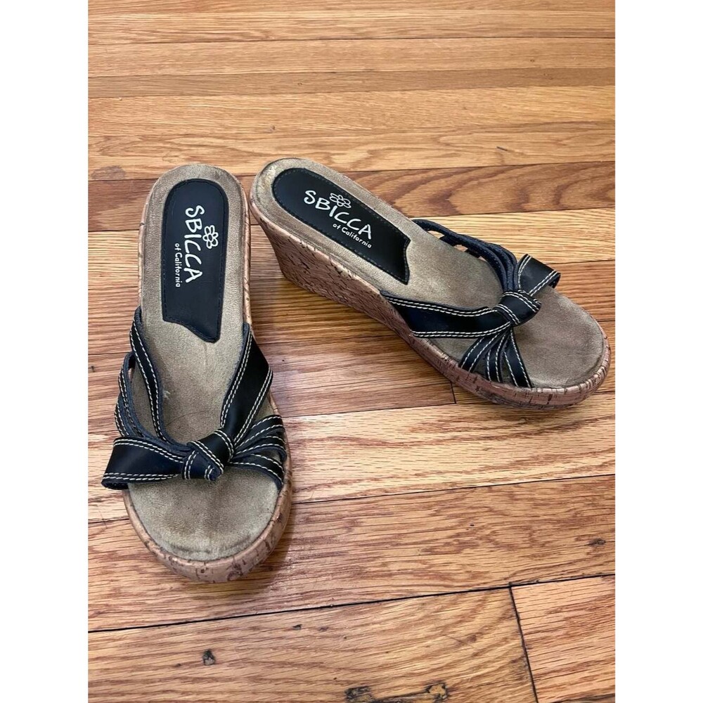 Sbicca of California Black Knotted Cork Wedge Sandals Size 8